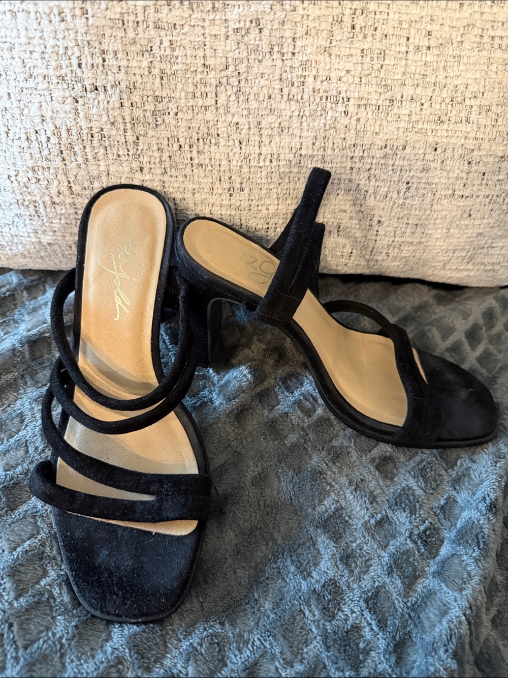 42 GOLD Black Strappy Suede Block Heel Sandals